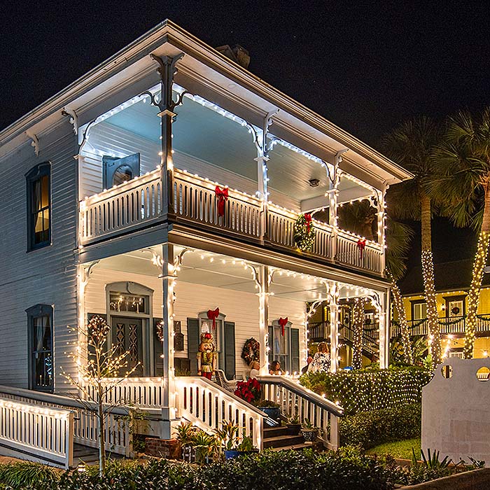 St. Augustine Wescott House decorated with holiday lights